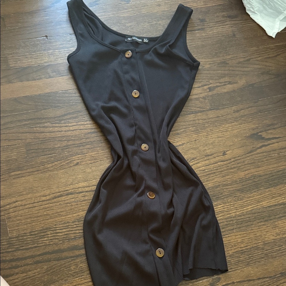 PrettyLittleThing Black Ribbed Button-Front Mini Dress with Wood Buttons